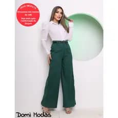 Domi Modas Calça Feminina Pantalona Wide Leg Linho com Botão Tendencia 2024 L8406