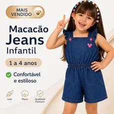 Macacão Jeans Infantil Feminino 1 a 4 Anos Jardineira Kids Com Elástico na Cintura Confortável
