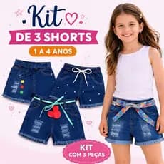 Kit 3 Short Jeans Infantil Feminino Moda Verão com Cordão e Detalhes Diferenciados Para Meninas