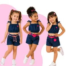 Conjunto Variados Infantil Verão Feminino Sortido Short Jeans Flor Conjunto Kids Para Meninas
