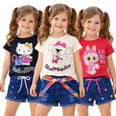 Conjunto Variados Infantil Verão Feminino Sortido Short Jeans Conjunto Infantil Feminino Personagens