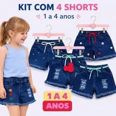 Kit 4 Short Jeans Infantil Feminino Moda Verão com Cordão e Detalhes Diferenciados