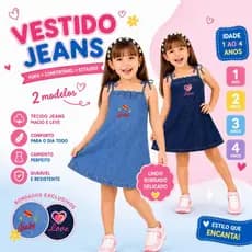 Vestido Jeans Infantil com Bordado Azul Para Meninas Verão