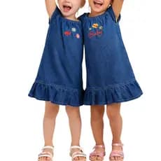 Vestido Jeans Infantil com Bordado Azul Para Meninas Com babado