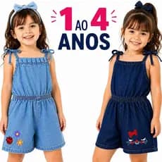 Macaquinho Jeans Infantil Feminino 1 a 4 Anos Jardineira Kids Curto Com Alça Ajustável Confortável