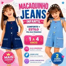 Macaquinho Jeans Infantil 1 a 4 Anos Super Confortável + Estiloso  Alça Amarrada  Roupa Linda pra Menina