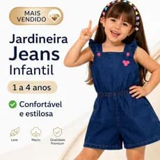 Jardineira Jeans Infantil Menina 1 a 4 Anos Roupa Jeans Confortável Leve Ajustável Look Fofo Moda Bebê Promoção