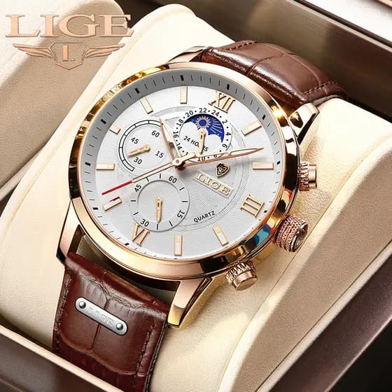 Relogio Masculino LIGE de Quartzo Estilo Militar Esportivo com Pulseira de Couro À Prova D’Água + Caixa