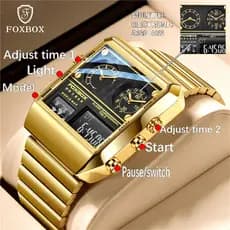Foxbox Relógio digital masculino Marca Masculino Ouro Inoxidável Relógio À Prova D 'Água Relógio Masculino Dual Display