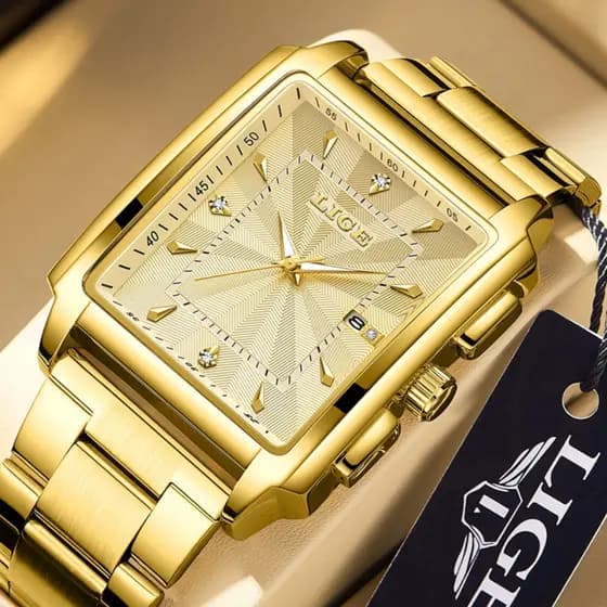 LIGE Relógio Masculino Moda Quadrado Luxo Ouro Aço Inoxidável De Quartzo À Prova D'água