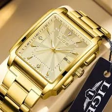 LIGE Relógio Masculino Moda Quadrado Luxo Ouro Aço Inoxidável De Quartzo À Prova D'água