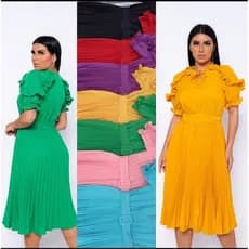 Vestido plissado babado manga moda evangelica com cinto01 cod 101