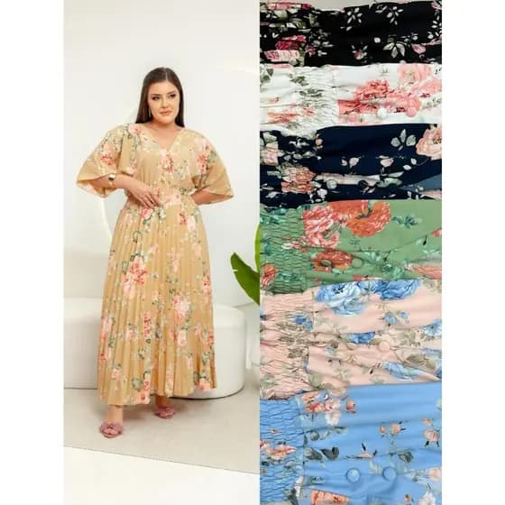 Vestido Longuete  Plissado Floral Com Elático na Cintura Moda Evangélica 172