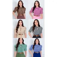 BLUSA FEMININA LISTRADA COM LAÇO E BOTÃO MODA FEMININA