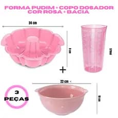 Kit Forma Pudim + Bacia Para Bater Massa + Copo Dosador De Massas