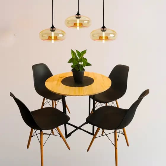 Mesa De Jantar Redonda Para 4 Lugares Cadeiras Estilo Industrial De Ferro Com Tampo De Madeira Maciça Decorativa