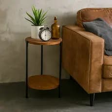 Mesa Lateral Sofá Cama Redonda Marrom Com Ferro Preto Mesinha De Cabeceira Moderna
