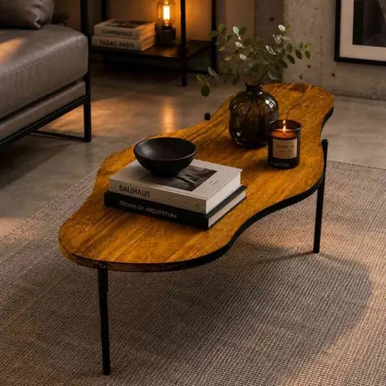 Mesa de Centro Orgânica Moderna em Madeira Design Estilo Contemporâneo Minimalista Exclusivo Tendência