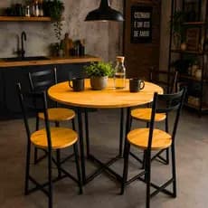 Mesa De Jantar Redonda Para 4 Lugares Cadeiras - Estilo Industrial De Ferro Com Tampo Maciça Pinus Lar Gourmet