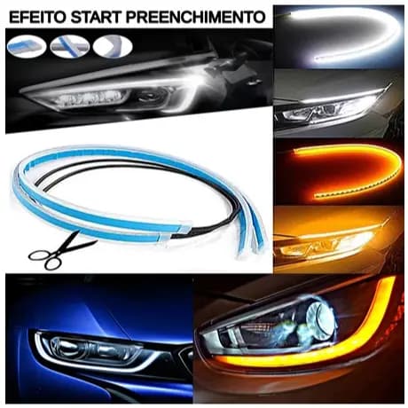 Par de Fita LED DRL Automotiva 60cm 12V Farol Seta Sequencial Start Preenchimento Iluminação Carro