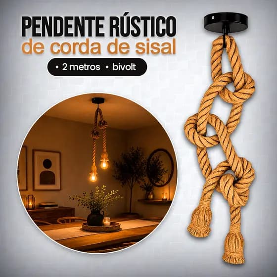 Pendente Rústico de Corda 2M Design Vintage Decorativo Americana 2 Soquetes E27 Teto Bivolt