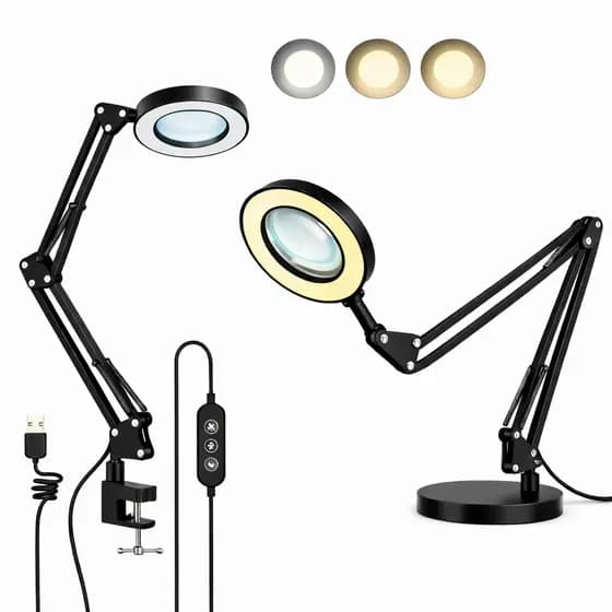 Luminária Ring Light com Base e Garra Lupa Aumento Embutida Articulada