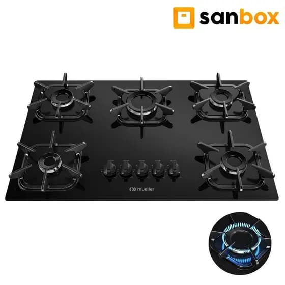Cooktop 5 Bocas Mueller Ultra Chama à Gás Mesa Vidro Preto - Bivolt