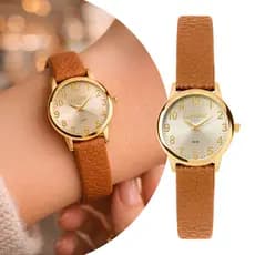 Relógio Analógico Feminino Marrom e Dourado com Pulseira de Couro e Caixa de Aço Inoxidável Luxo Elegante Condor