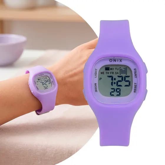 Relógio Feminino Digital Roxo Quadrado com Caixa e Pulseira de Silicone à Prova d` Água Fashion Onix