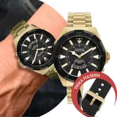 Relógio Masculino Technos Skydiver Dourado Preto 2 Pulseiras