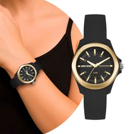 Relógio Feminino Preto e Dourado de Pulso Pulseira de Silicone Pequeno Delicado Luxo Elegante Fashion Mormaii Original