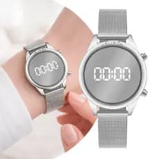 Relógio Feminino Digital Prata com Caixa e Pulseira de Aço Inoxidável à Prova D Água Luxo Fashion Elegante Euro