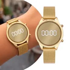 Relógio Feminino Digital Dourado com Caixa e Pulseira de Aço Inoxidável à Prova D Água Luxo Fashion Elegante Euro
