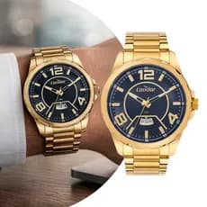 Relógio Analógico Masculino Dourado e Azul com Caixa e Pulseira de Aço Inoxidável à Prova D Água Luxo Condor