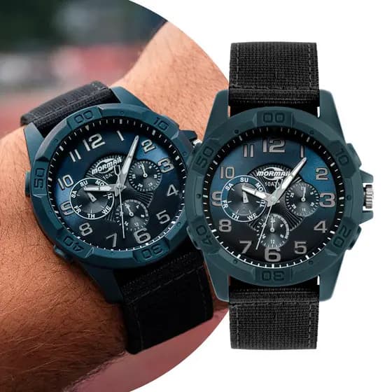 Relógio Masculino Preto e Azul com Caixa de Polímero e Pulseira de Nylon Militar Esportivo e Casual Mormaii