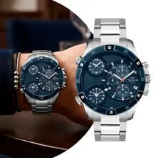 Relógio Masculino Prata e Azul com Caixa e Pulseira de Aço Inoxidável à Prova d` Água Grande Robusto Luxo Technos