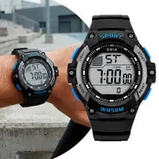 Relógio Masculino Digital Preto e Azul com Caixa de Polímero e Pulseira de Silicone à Prova D` Água Esportivo Onix