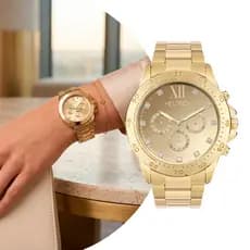 Relógio Feminino Dourado com Caixa e Pulseira de Aço Inoxidável à Prova d` Água com Cronógrafo Luxo Fashion Euro
