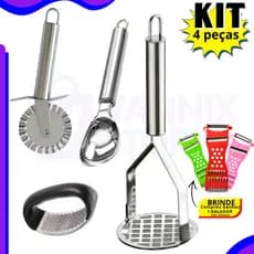Amassador de Batata e Alho, Cortador de Pizza, Carretilha para Massa + RALADOR DE BRINDE Inox Premiu