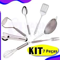 Peneira, Colher , Amassador, Espátula Vazada,  Foê,Pegador Garfo de Churrasco - Cozinha 7 Utensílios