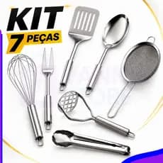Kit Cozinha 7 Utensílios Peneira G, Colher, Amassador Batata, Espátula Vazada, Foê, Pegador, Garfo G