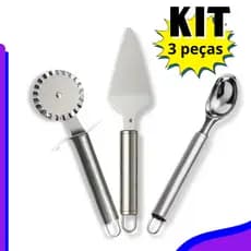 Kit 3 Inox Cortador De Massa Carretilha, Colher De Sorvete e Açaí, Espátula De Bolo Premium completo