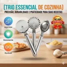 Kit 3 Peças Inox Cortador de Pizza, Carretilha Para Massa Pastel, Colher Pegador de Sorvete