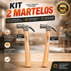 Kit 2 Martelo Unha Cabo Madeira Aço Carpinteiro Marceneiro Resistente Profissional Obra Atacado