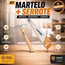 Kit Martelo Unha e Serrote Lâmina Aço Cabo de Madeira Carpinteiro Marceneiro Ferramenta Resistente