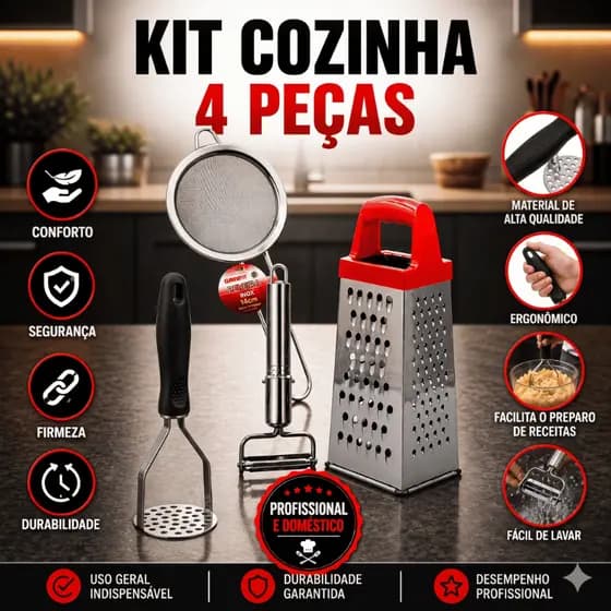 Kit 4 Utensílios de Cozinha Inox Amassador de Batata Descascador de Legumes Ralador 4 Faces Peneira