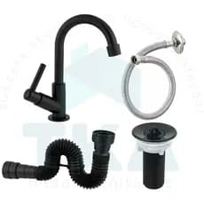 Kit Completo para Cuba de Banheiro Torneira Preta ABS, Válvula 7/8", Sifão e Engate Flexível 40cm