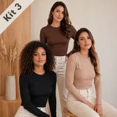 Kit 3 Blusa  Feminina Manga Longa Ribana Canelado Confortável Básica Promoção