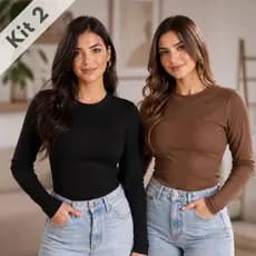Kit 2 Blusa  Feminina Manga Longa Ribana Canelado Confortável Básica Promoção