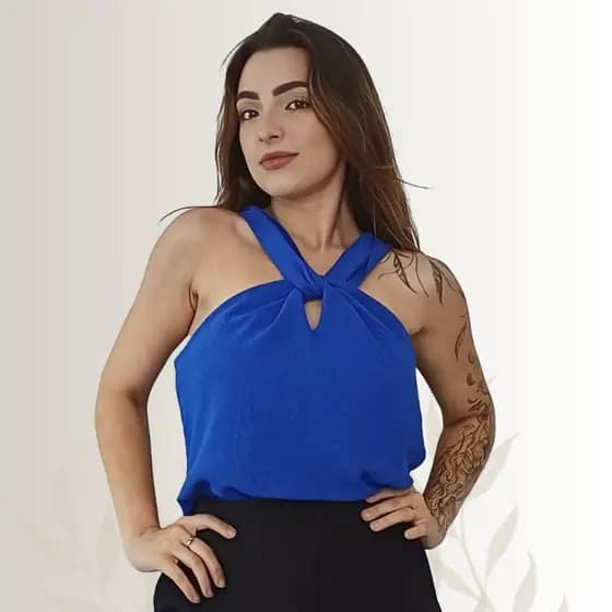 Blusa Regata Feminina Gola Transpassada Nó Duna Torção Frente Elegante Forrada Básica Gola Transversal